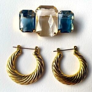 Vintage Avon Blue & Clear Brooch with Gold plated Estate hoop earrings.